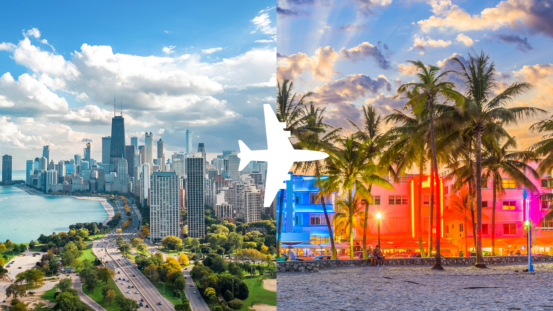 Chicago skyline and Miami beachfront, split by an airplane silhouette