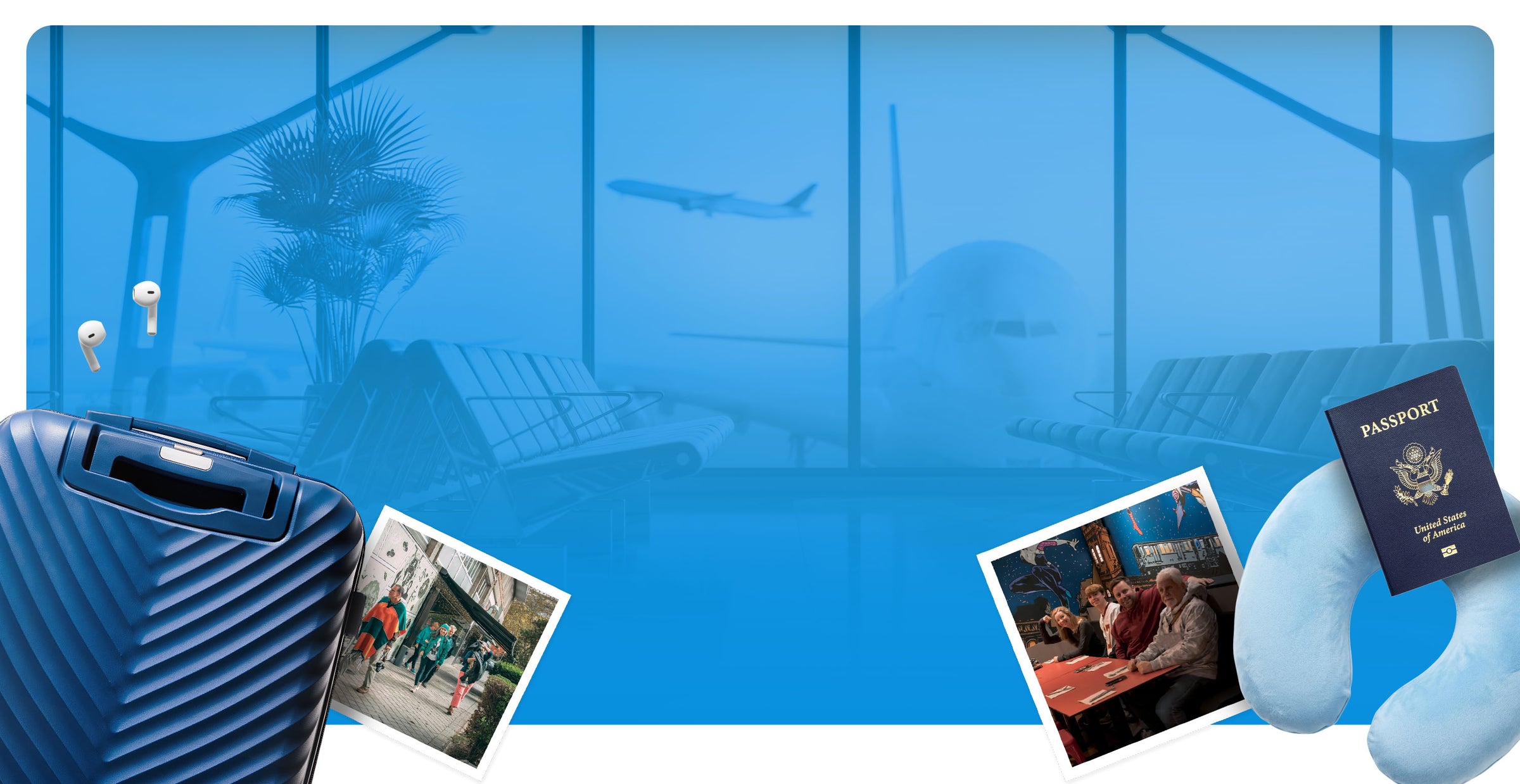 Big Game Travel airport travel collage for upcoming sports trips
