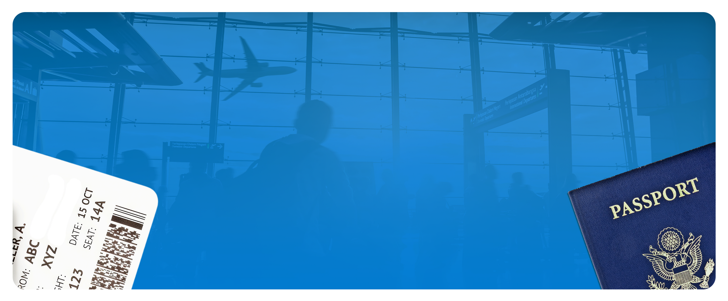 Passport and boarding pass in an airport terminal with a departing plane